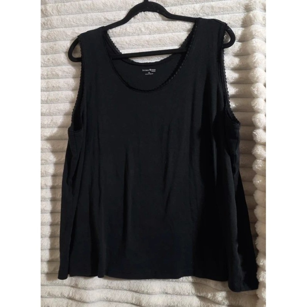 Studio Works Woman Black Cotton Lace Trim Tank Top Scoop Neck Sleeveless 3X